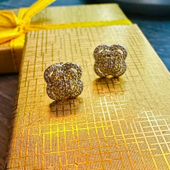 Gold Plated Clover Shaped Earrings with Pavé Clear Stones - Picture 2 of 4